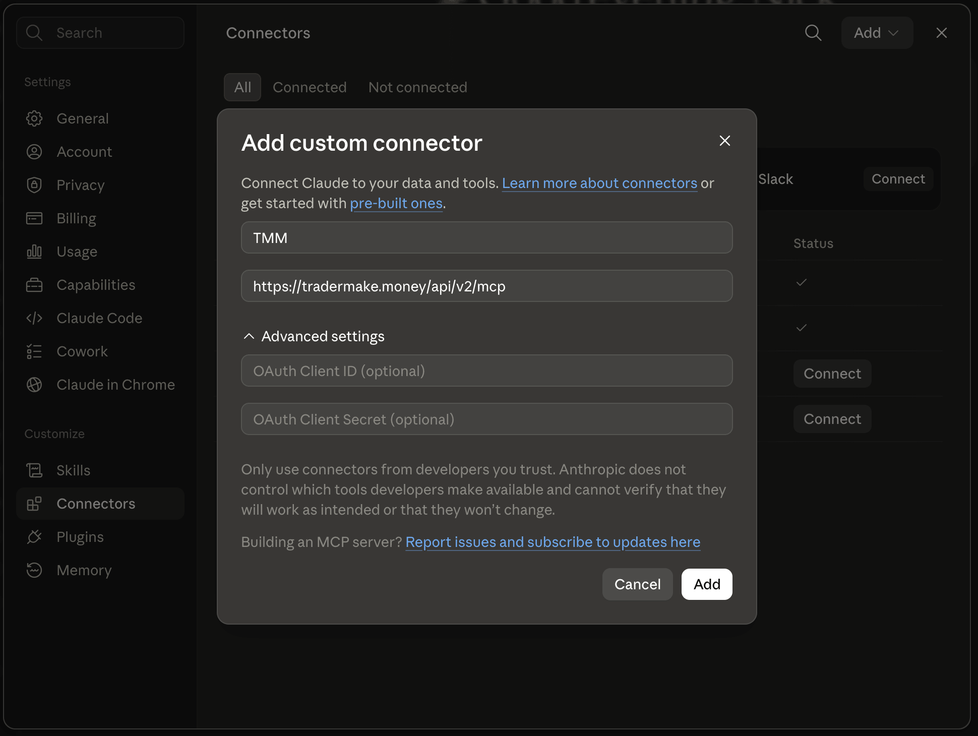 The Add custom connector dialog with the name TMM, the TMM address and empty optional OAuth fields