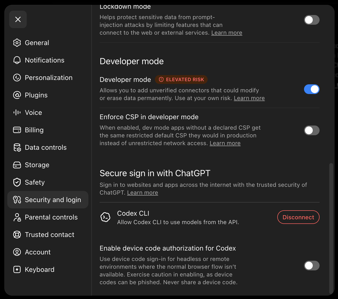 ChatGPT settings, Security and login, with the Developer mode toggle switched on
