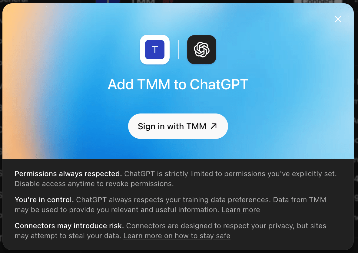 The Add TMM to ChatGPT screen with a Sign in with TMM button