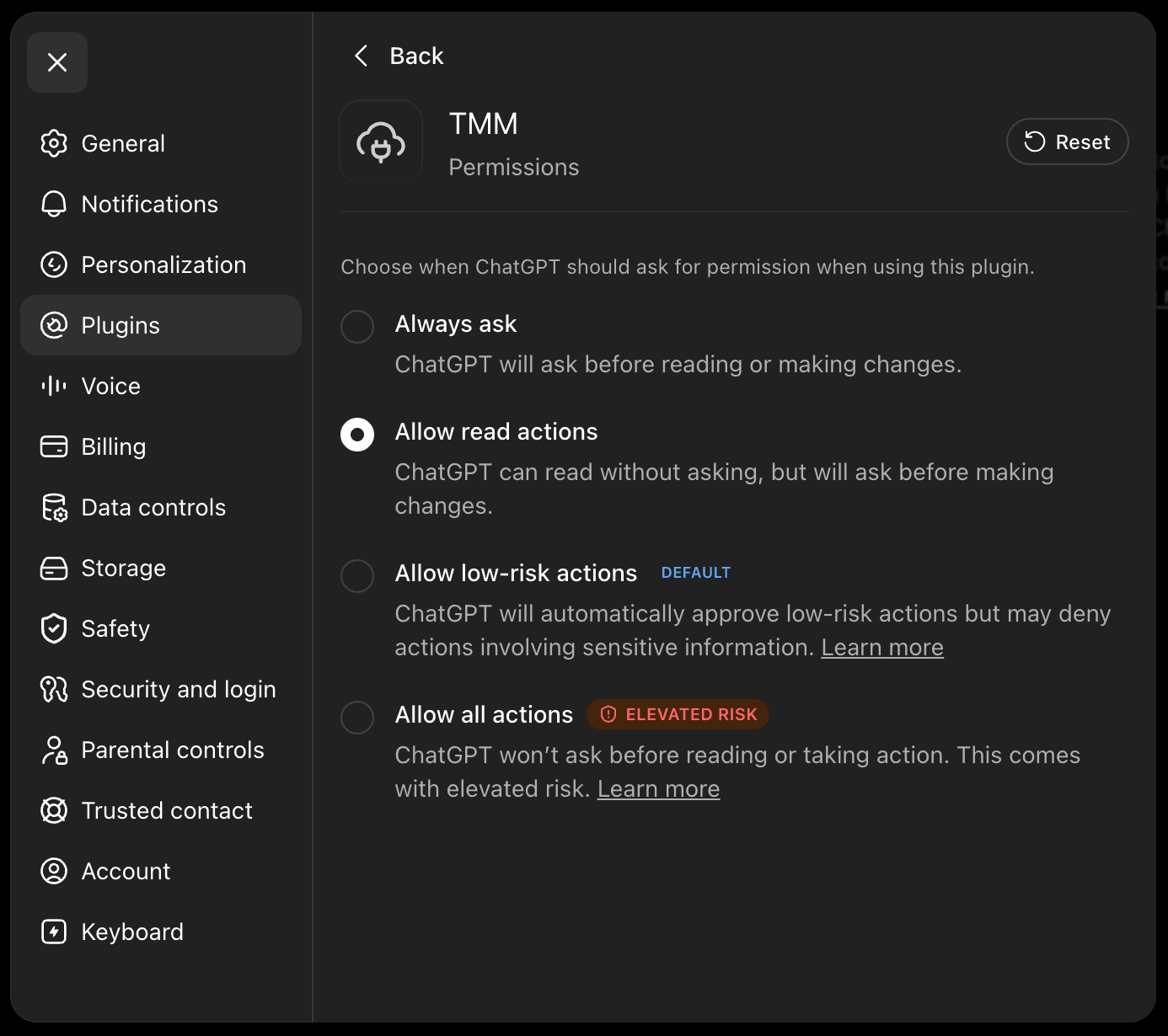The TMM plugin permissions screen with Allow read actions selected